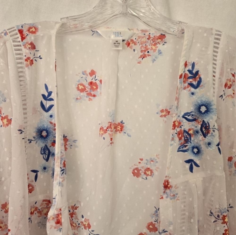 Time & Tru Kimono/Cover Up Floral Sheer Open Front White & Colorful Print Size M - Picture 2 of 8